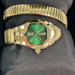 Just Cavalli Gold Signature Snake Watch Green New in Box